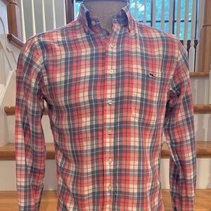 Vineyard Vines Boys Whale Shirt Flannel/Brushed Sz 7 Coral and blue  Plaid